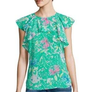 I Heart Ronson Womens Green Floral Flutter Sleeve Ruffle Blouse Small